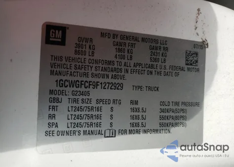 2015 Chevrolet Express G2500 z USA, uszkodzony, nr VIN 1GCWGFCF9F1272929